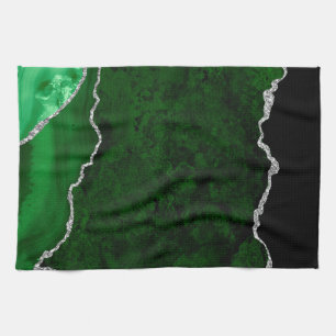 Glamourous Forest Green Marble Chic Silver Glitter Kitchen Towel