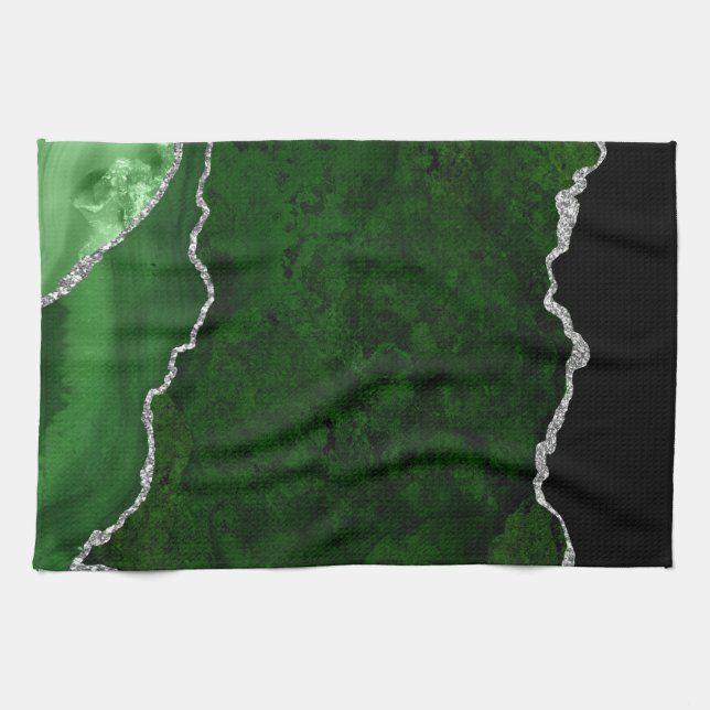 Glamourous Forest Green Marble Chic Silver Glitter Kitchen Towel (Horizontal)