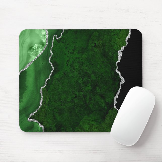 Glamourous Forest Green Marble Chic Silver Glitter Mouse Pad (With Mouse)