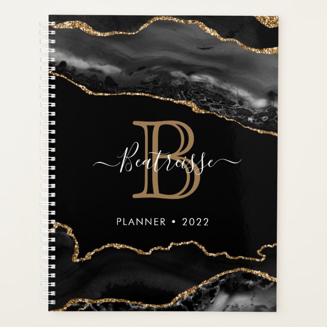 Glamourous Glitter Agate Black Gold Monogram Planner (Front)
