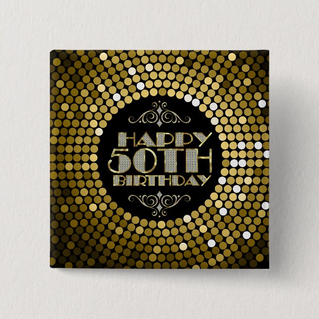 Glamourous Glitter Happy 50th Birthday 2 Inch Square Button (Front)