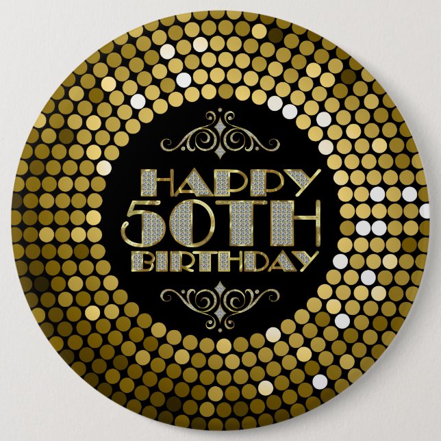 Glamourous Glitter Happy 50th Birthday 6 Inch Round Button (Front)