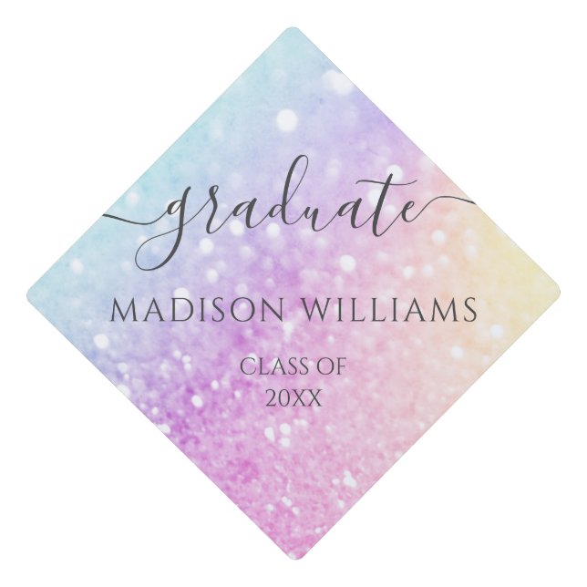 Glamourous Glitter Holograph Monogrammed Pretty Graduation Cap Topper (Front)