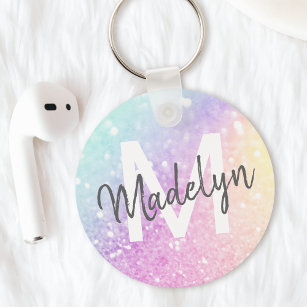 Glamourous Glitter Holograph Monogrammed Pretty Keychain