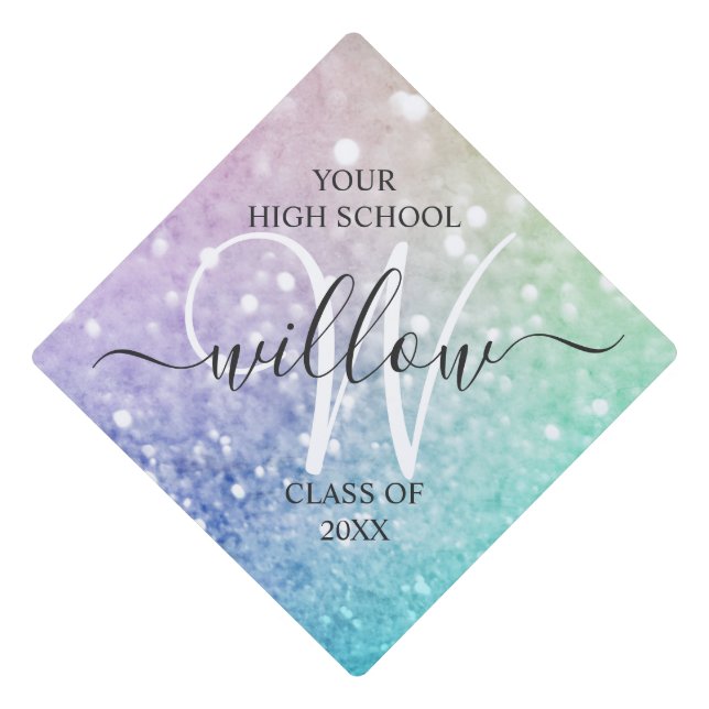 Glamourous Glitter Holograph Pretty Personalized Graduation Cap Topper (Front)
