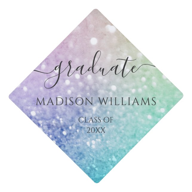 Glamourous Glitter Holograph Pretty Personalized Graduation Cap Topper (Front)