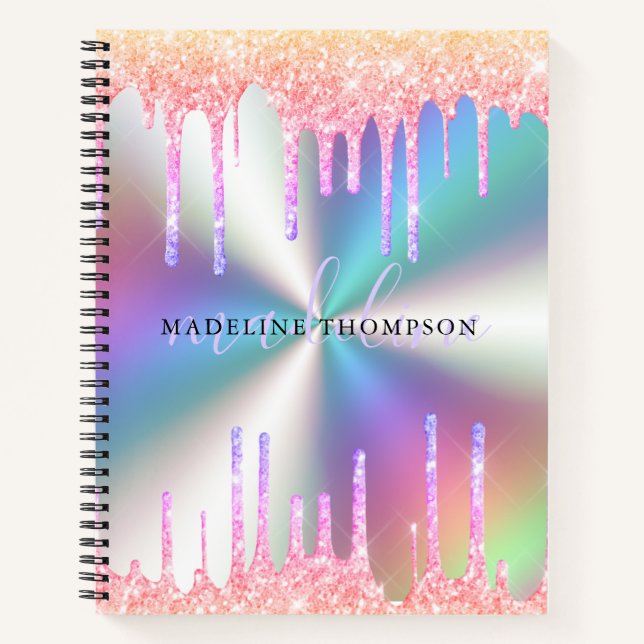Glamourous Glitter Melt Holographic Name Notebook (Front)