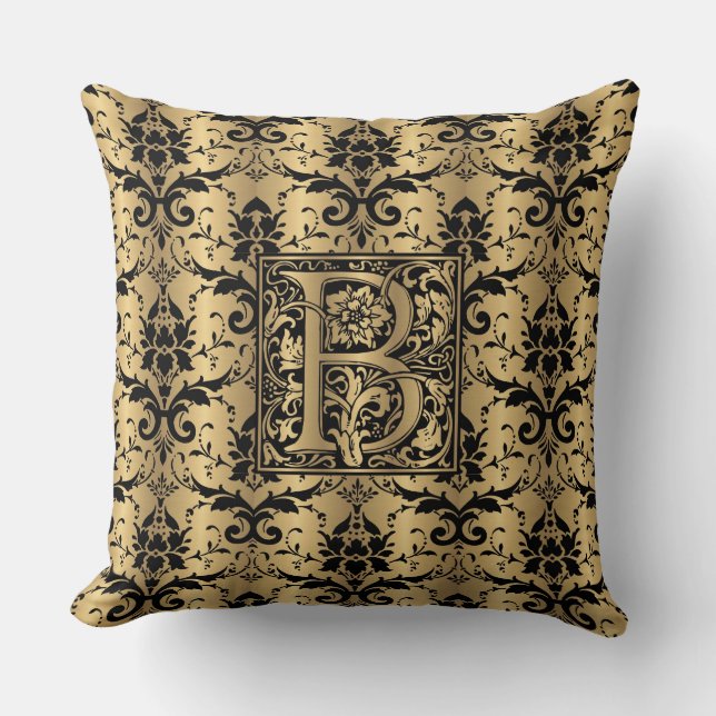 Glamourous Gold and Black Damask Print Monogram B Throw Pillow (Front)
