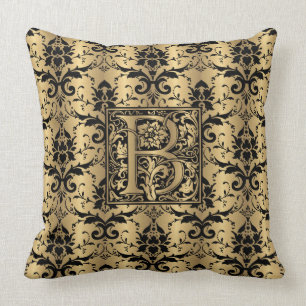 Glamourous Gold and Black Damask Print Monogram B Throw Pillow