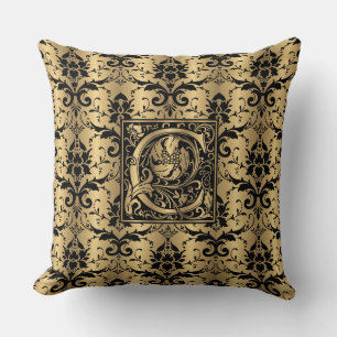 Glamourous Gold and Black Damask Print Monogram C Throw Pillow