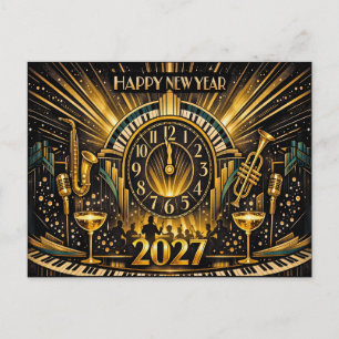Glamourous Gold Art Deco New Year Jazz Celebration Holiday Postcard
