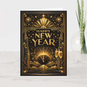 Glamourous Gold Black Art Deco New Year Holiday Card