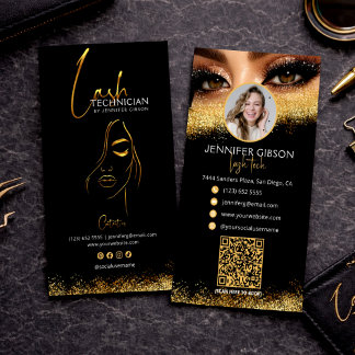 Glamourous Gold & Black Lash Tech QR Code  Business Card