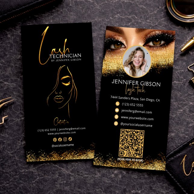 Glamourous Gold & Black Lash Tech QR Code  Business Card (Creator Uploaded)