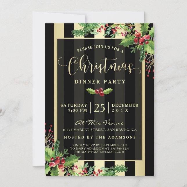 Glamourous Gold & Black Stripe Holiday Party Invit Invitation (Front)