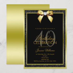 Glamourous Gold Bow & Black Glitter 40th Birthday Invitation
