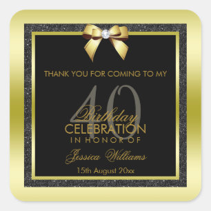 Glamourous Gold Bow & Black Glitter 40th Birthday Square Sticker