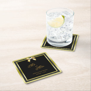Glamourous Gold Bow & Black Glitter Wedding Square Paper Coaster