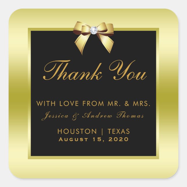 Glamourous Gold Bow & Black Wedding Square Sticker (Front)