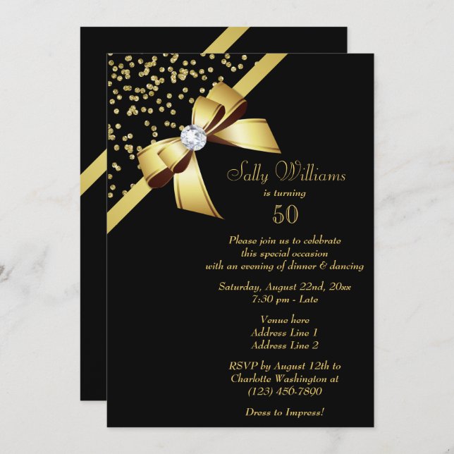 Glamourous Gold Confetti & Jewel Bow 50th Birthday Invitation (Front/Back)