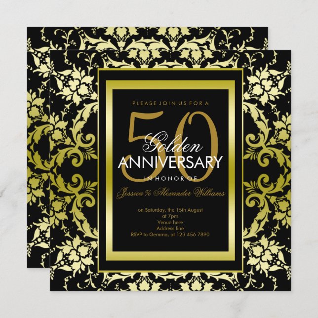 Glamourous Gold Damask 50th Wedding Anniversary Invitation (Front/Back)