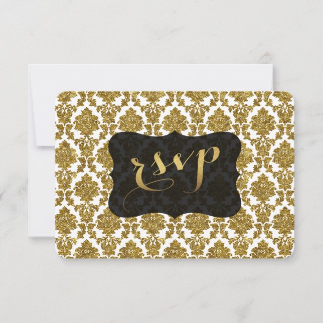 Glamourous Gold Damask Gold Foil Wedding RSVP (Front)