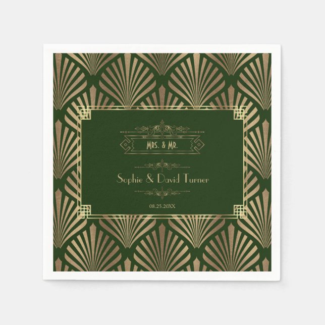 Glamourous Gold Dark Green Art Deco 1920s Wedding  Napkin (Front)