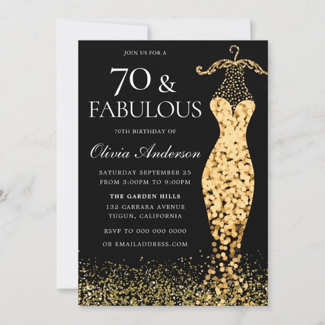 Glamourous Gold Dress Fabulous 70th Birthday Invitation (Front)