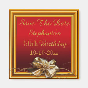 Glamourous Gold Frame & Faux Bow 50th Birthday Magnet