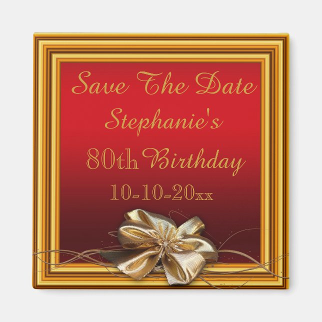 Glamourous Gold Frame & Faux Bow 80th Birthday Magnet (Front)