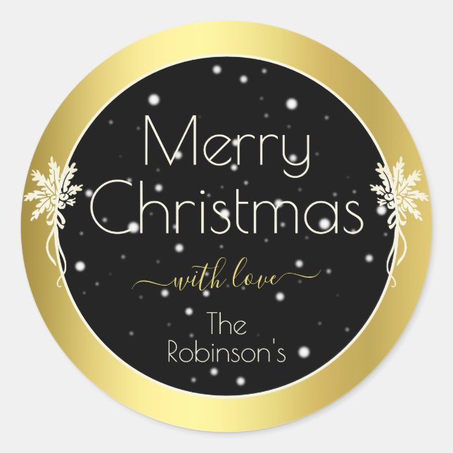 Glamourous Gold Frame Merry Christmas Style Black Classic Round Sticker (Front)