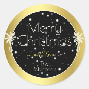Glamourous Gold Frame Merry Christmas Style Black Classic Round Sticker