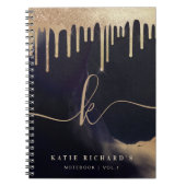 Glamourous Gold Glitter Drip Dark Ink Glam Monogra Notebook (Front)