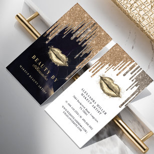 Glamourous Gold Glitter Drip Navy & Gold Glam Lips Business Card