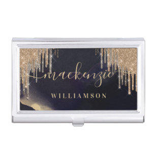 Glamourous Gold Glitter Drip Navy Gold Script Name Business Card Holder