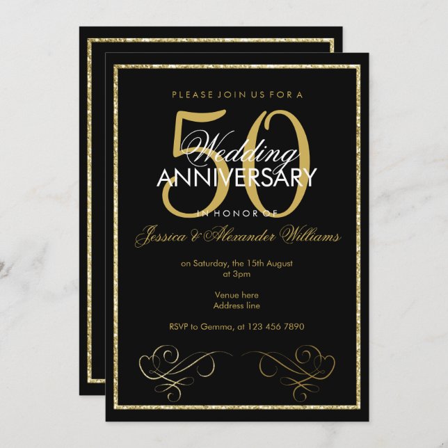 Glamourous Gold Glitter Frame 50th Wedding Invitation (Front/Back)