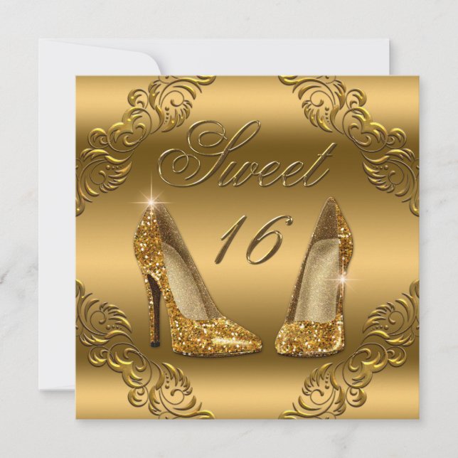 Glamourous Gold Glitter High Heels Sweet 16 Invitation (Front)