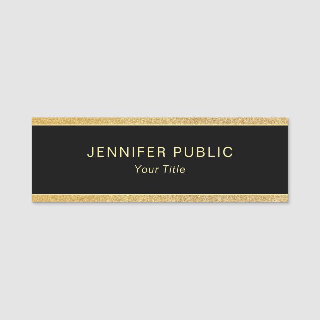 Glamourous Gold Glitter Modern Custom Rectangle Name Tag (Front)