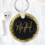 Glamourous Gold Glitter Monogram Name Black Keychain<br><div class="desc">Easily personalize this luxury glam gold glitter framed keychain with your custom name and monogram.</div>