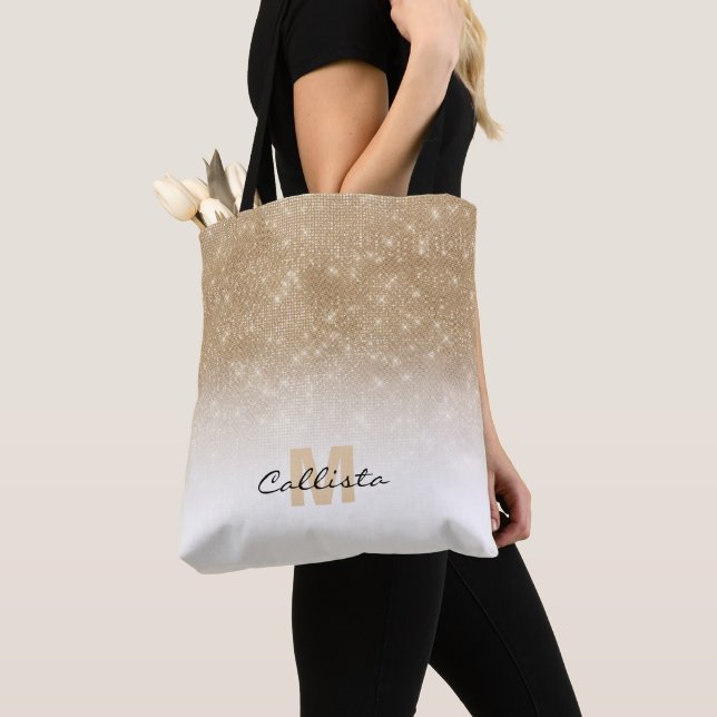 Glamourous Gold Glitter Sequin Ombre Monogram Tote Bag (Close Up)