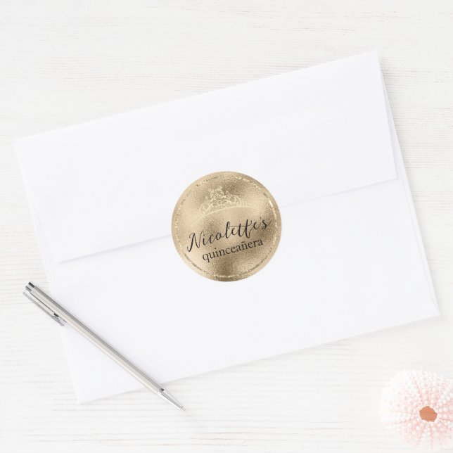 Glamourous Gold Glitter Tiara Quinceañera Classic Round Sticker (Envelope)