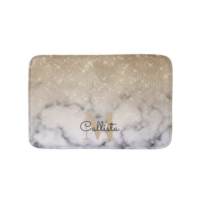 Glamourous Gold Glitter White Marble Ombre Monogra Bath Mat (Front)