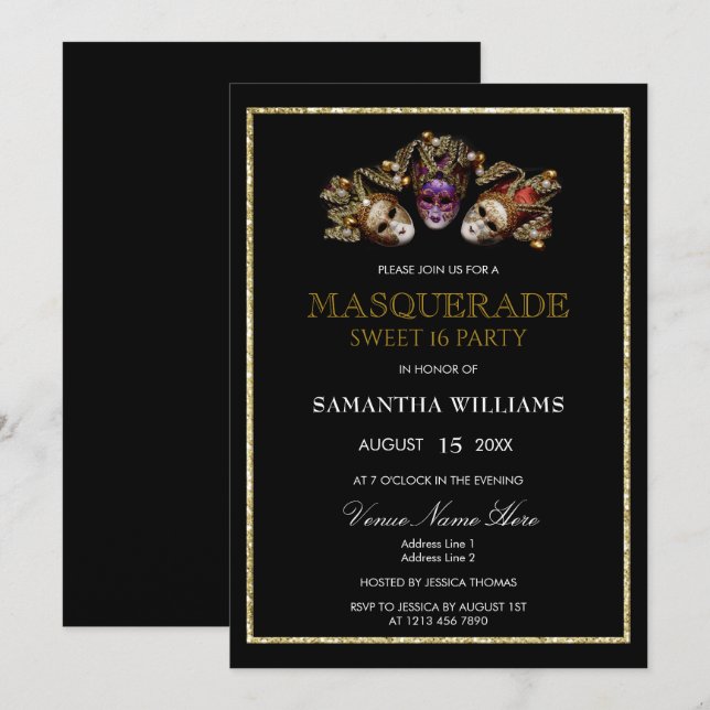Glamourous Gold Glitters  Masquerade Sweet 16 Invitation (Front/Back)