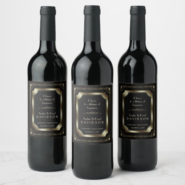 Glamourous Gold Great Gatsby Black Art Deco Weddin Wine Label (Bottles)