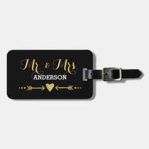 Glamourous Gold Heart Arrow Black Wedding Mr & Mrs Luggage Tag