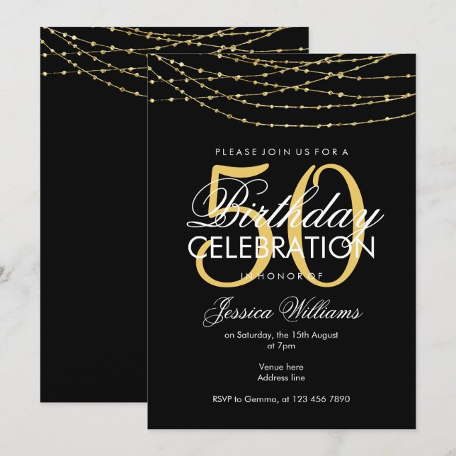 Glamourous Gold Lights 50th Birthday Invitation (Front/Back)