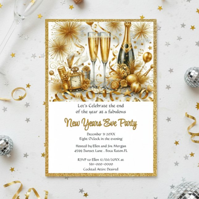 Glamourous  Gold on White New Year's Eve Party  Invitation (Elegant Gold Glitter New Years Eve Party Template Invitation )
