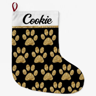 Glamourous Gold Paw Prints on Black Large Christmas Stocking