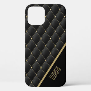Glamourous Gold Quilted Black Pattern Personalized iPhone 12 Case