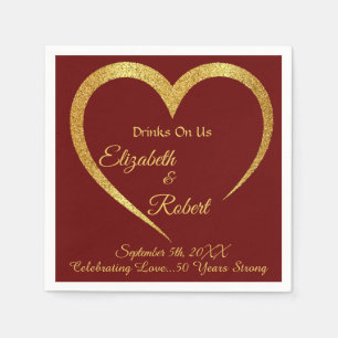 Glamourous Gold Red Heart Drinks On Us Anniversary Napkin